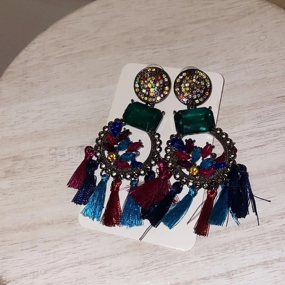 Women’s earrings Bold Statement dangle post back colorful tassels and stones - Picture 3 of 6